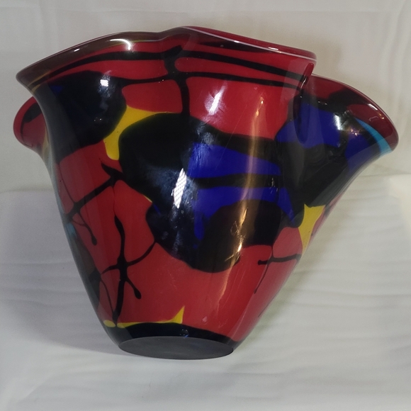 Murano Style Hand Blown Art Glass Ruffled Biwl Red Multi-Color Abstract - Picture 5 of 9